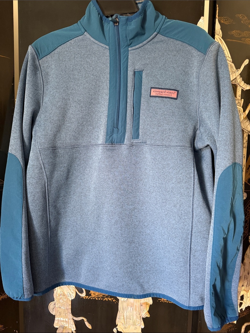 EUC VINEYARD VINES Men's Heathered Light Blue Quarter Zip Fleece Pullover